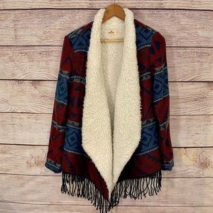 Hollister Southwestern Aztec Tribal Sherpa Lined Fringed Indian Blanket Jacket